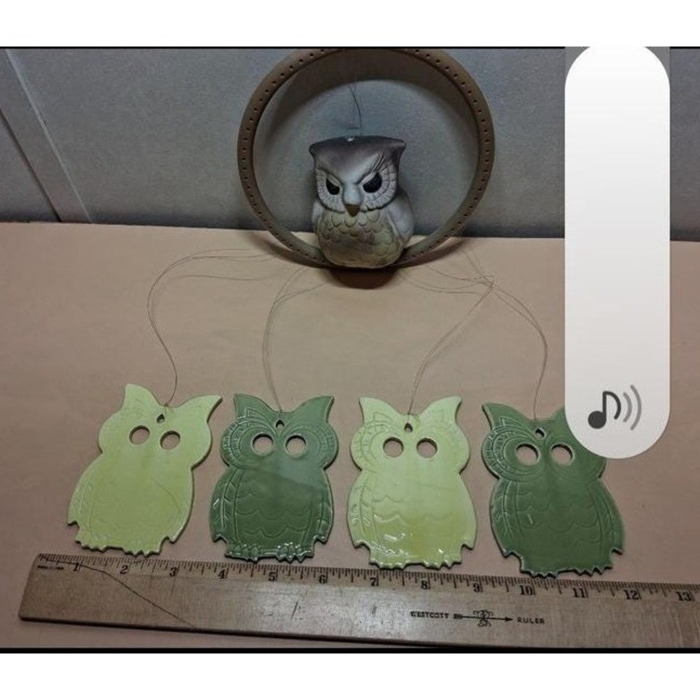Vintage Ceramic Owl Wind Chime Mobile Retro Green Garden Decor 1970s Boho